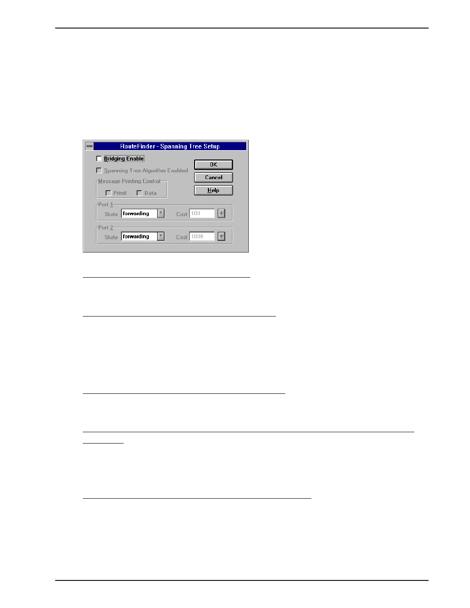 8 spanning tree bridging setup, Bridging enable, Spanning tree bridging setup | Message printing control, Spanning tree enable, Spanning tree port path cost, Spanning tree port state | Multi-Tech Systems MTASR1-100 User Manual | Page 57 / 207