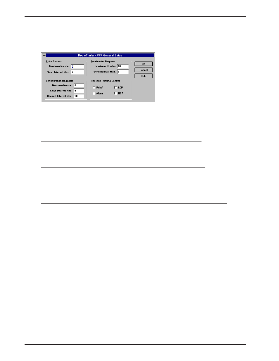 Ppp configuration request backoff interval maximum, Ppp configuration requests maximum number, Ppp echo requests maximum number | Ppp echo requests send interval maximum, Ppp general setup, Ppp configuration requests send interval maximum, Ppp termination requests maximum number, Ppp termination requests send interval maximum, Ppp configuration requests maximum number 62 | Multi-Tech Systems MTASR1-100 User Manual | Page 62 / 207