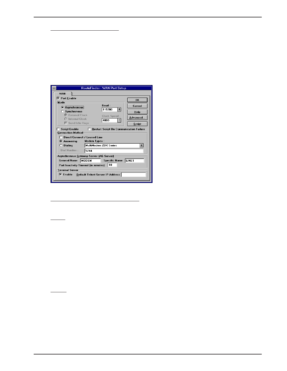 10 wan port setup, Wan port setup, Mode | Port enable, Message printing control, Script | Multi-Tech Systems MTASR1-100 User Manual | Page 63 / 207