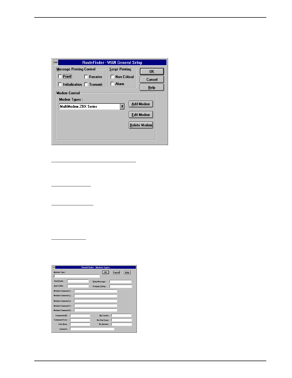 Modem control, Modem type, Script printing | Wan general setup, Wan message printing control | Multi-Tech Systems MTASR1-100 User Manual | Page 65 / 207