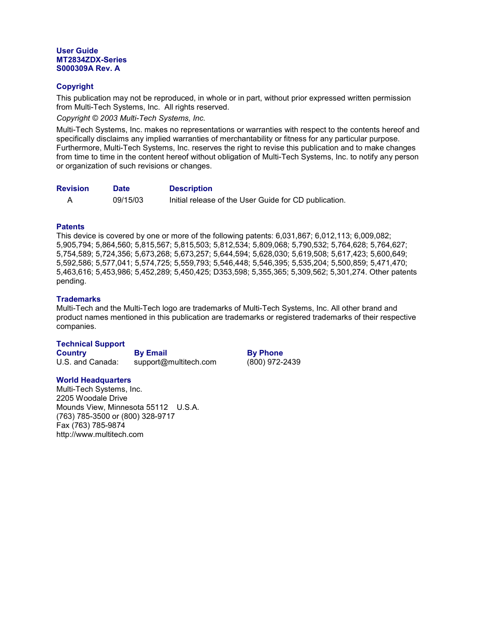 Multi-Tech Systems MULTIMODEM MT2834ZDX User Manual | Page 2 / 33
