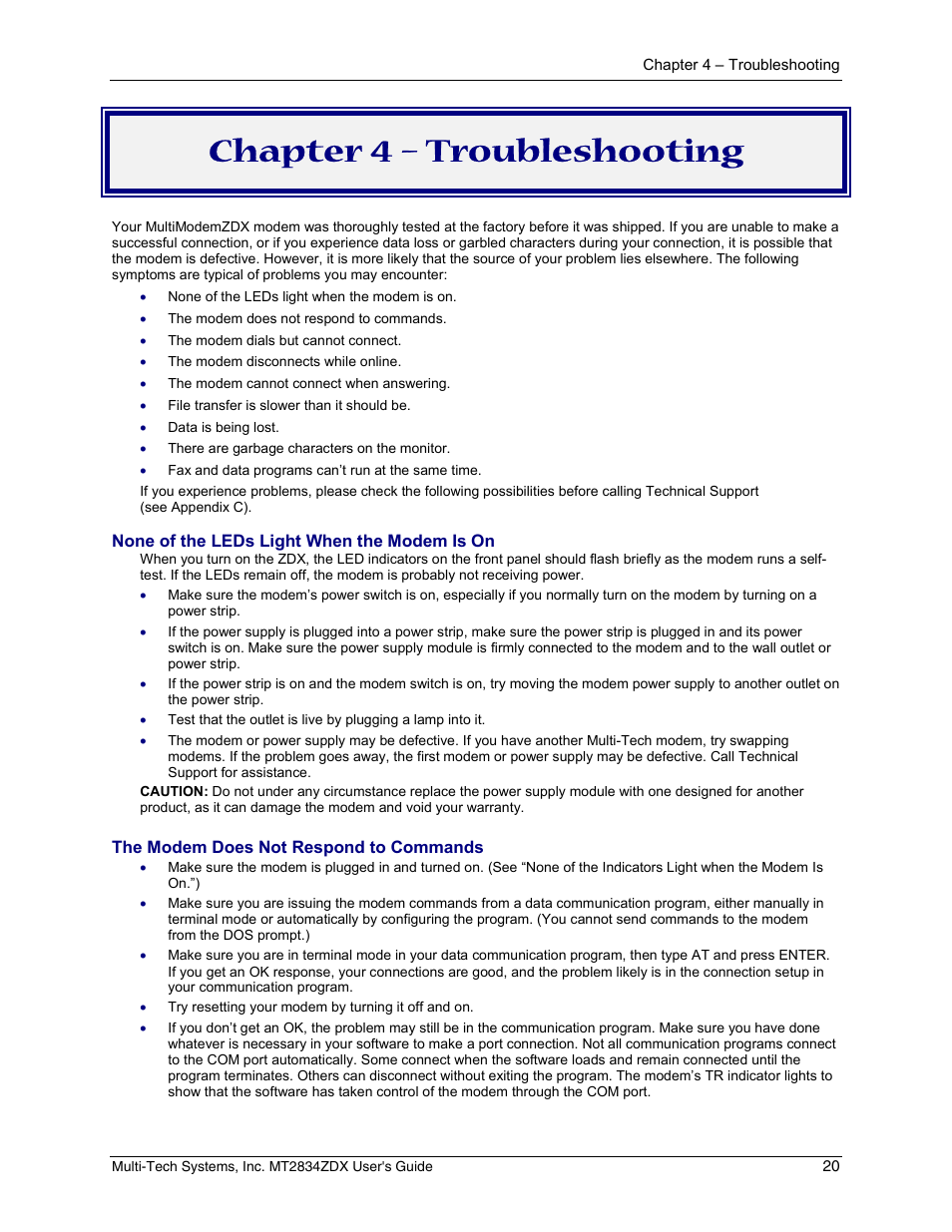 Chapter 4 – troubleshooting | Multi-Tech Systems MULTIMODEM MT2834ZDX User Manual | Page 20 / 33