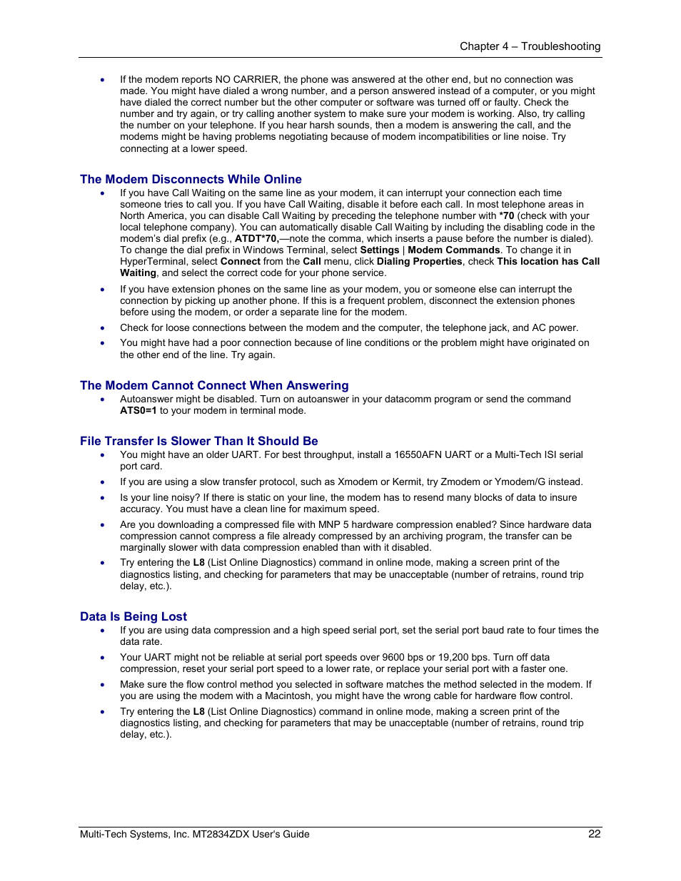 Multi-Tech Systems MULTIMODEM MT2834ZDX User Manual | Page 22 / 33