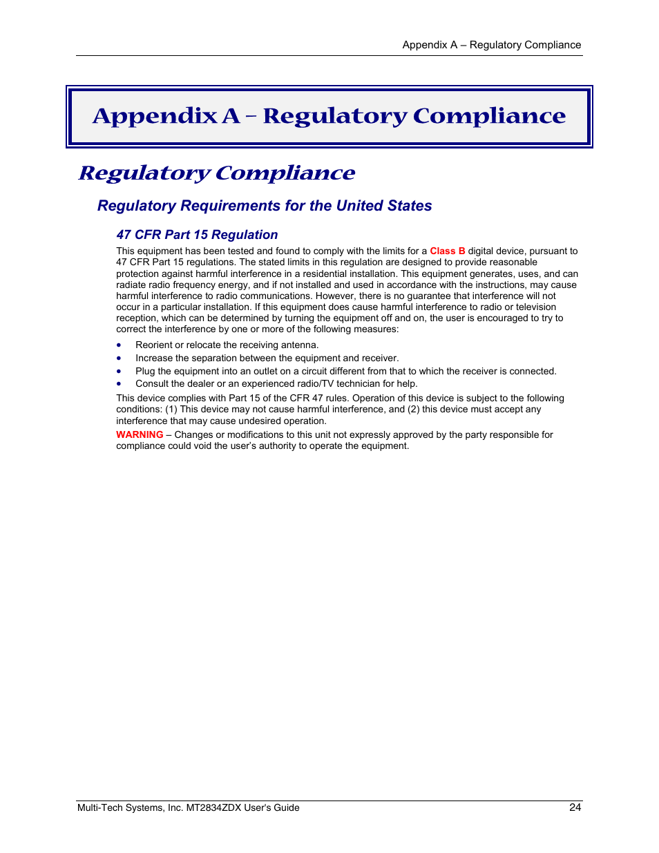 Appendix a – regulatory compliance, Regulatory compliance, Regulatory requirements for the united states | Multi-Tech Systems MULTIMODEM MT2834ZDX User Manual | Page 24 / 33