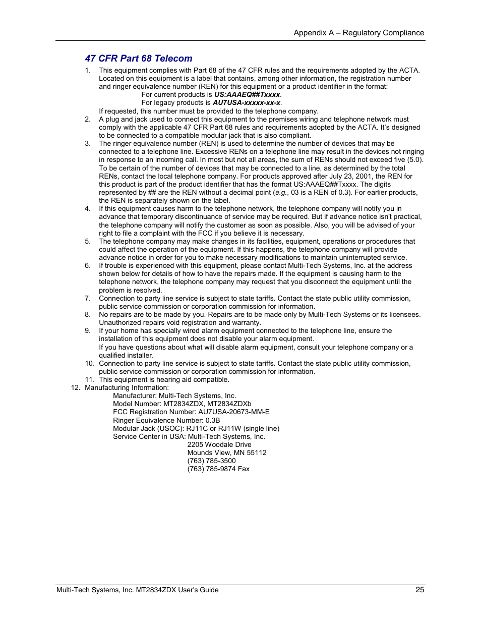 47 cfr part 68 telecom | Multi-Tech Systems MULTIMODEM MT2834ZDX User Manual | Page 25 / 33