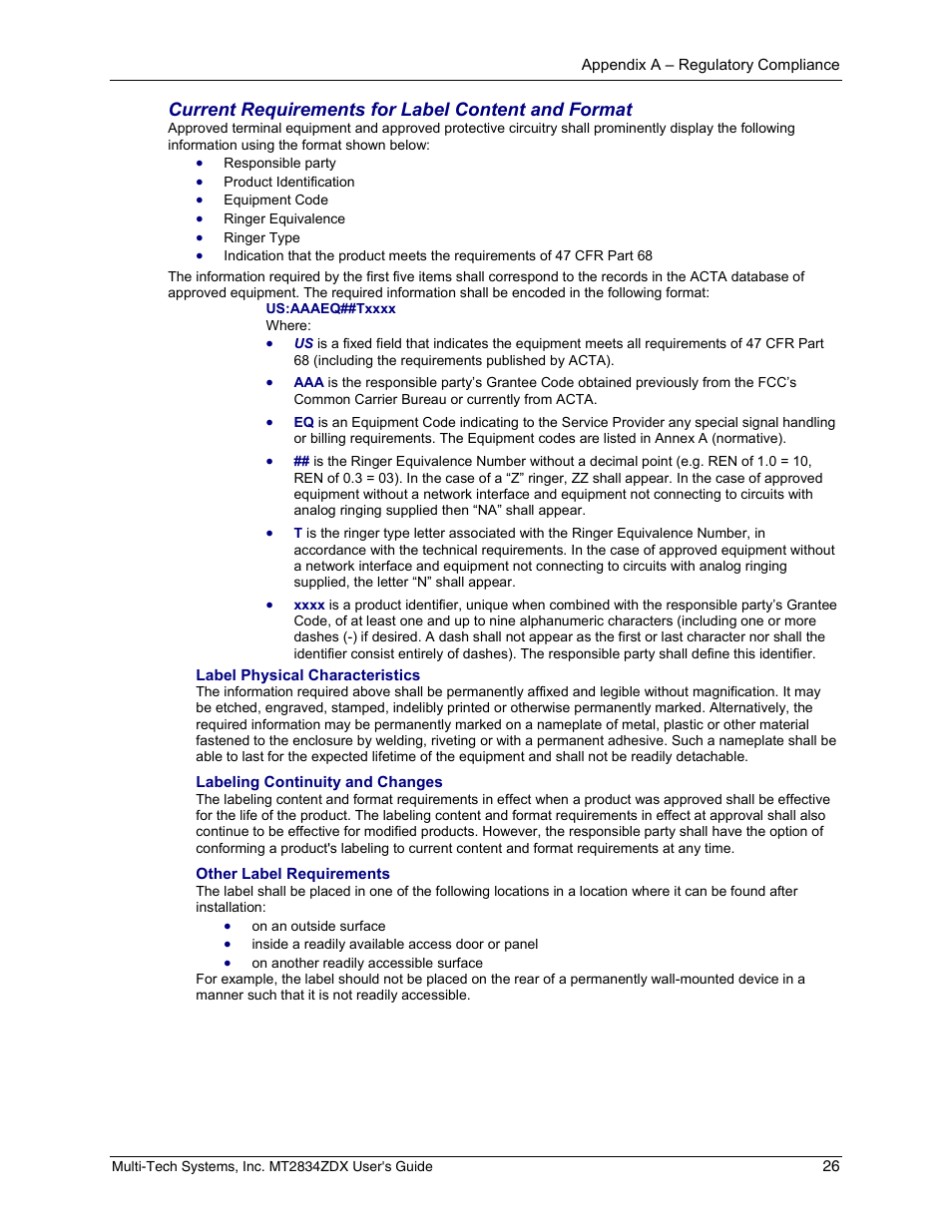 Current requirements for label content and format | Multi-Tech Systems MULTIMODEM MT2834ZDX User Manual | Page 26 / 33