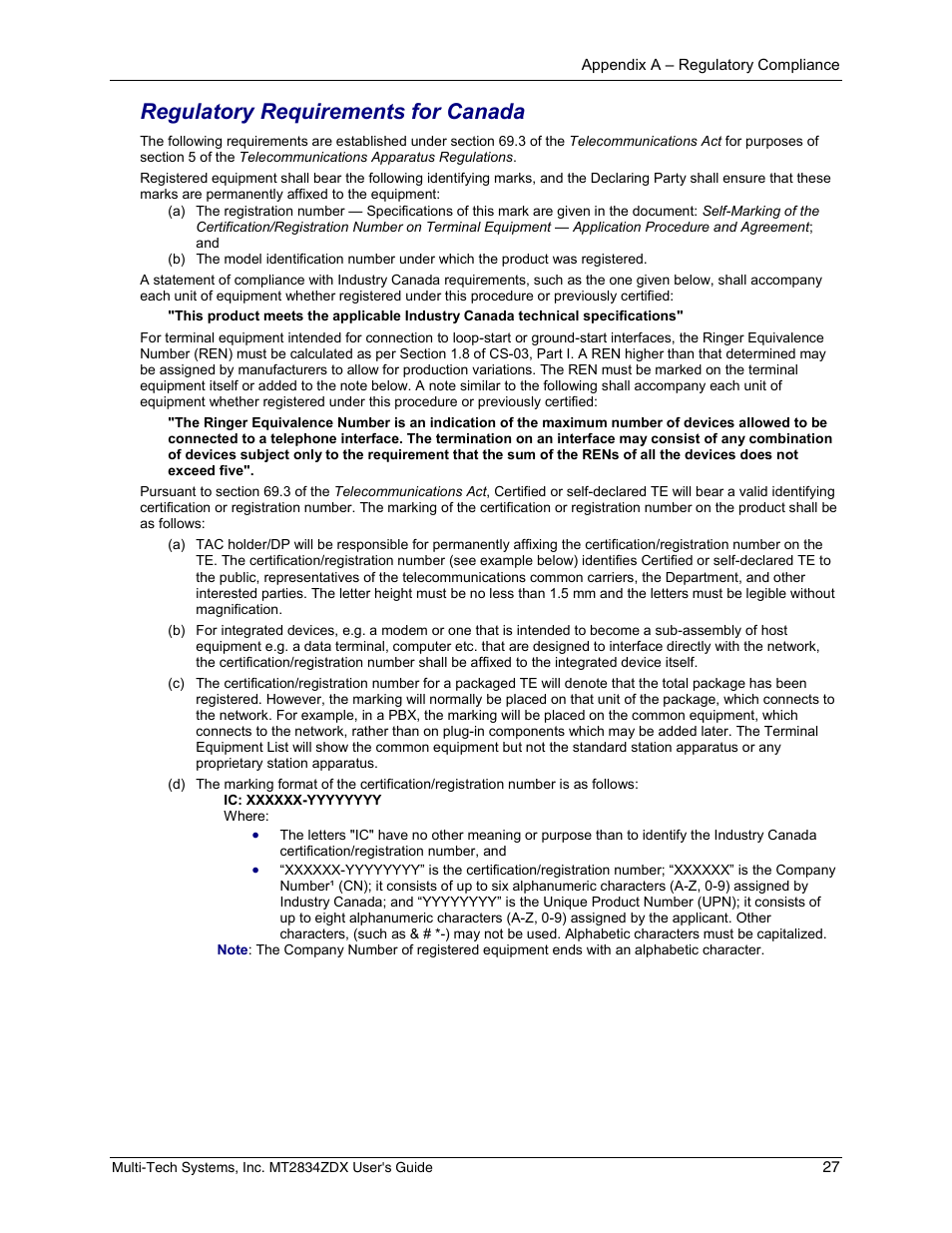 Regulatory requirements for canada | Multi-Tech Systems MULTIMODEM MT2834ZDX User Manual | Page 27 / 33