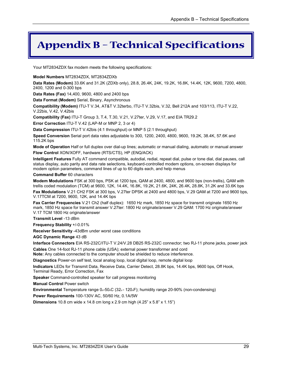 Appendix b – technical specifications | Multi-Tech Systems MULTIMODEM MT2834ZDX User Manual | Page 29 / 33