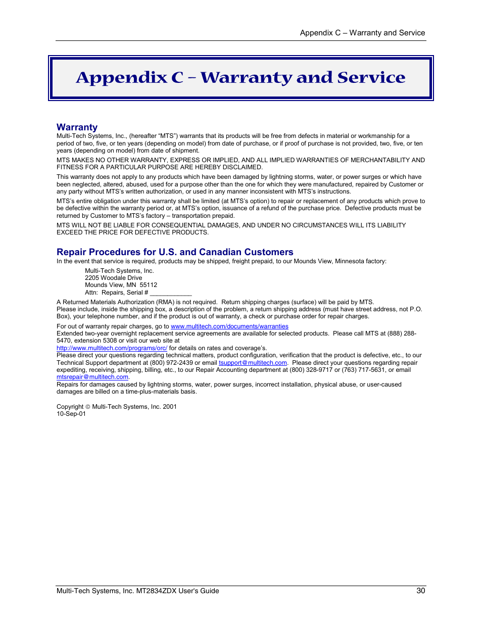 Appendix c – warranty and service, Warranty, Repair procedures for u.s. and canadian customers | Multi-Tech Systems MULTIMODEM MT2834ZDX User Manual | Page 30 / 33