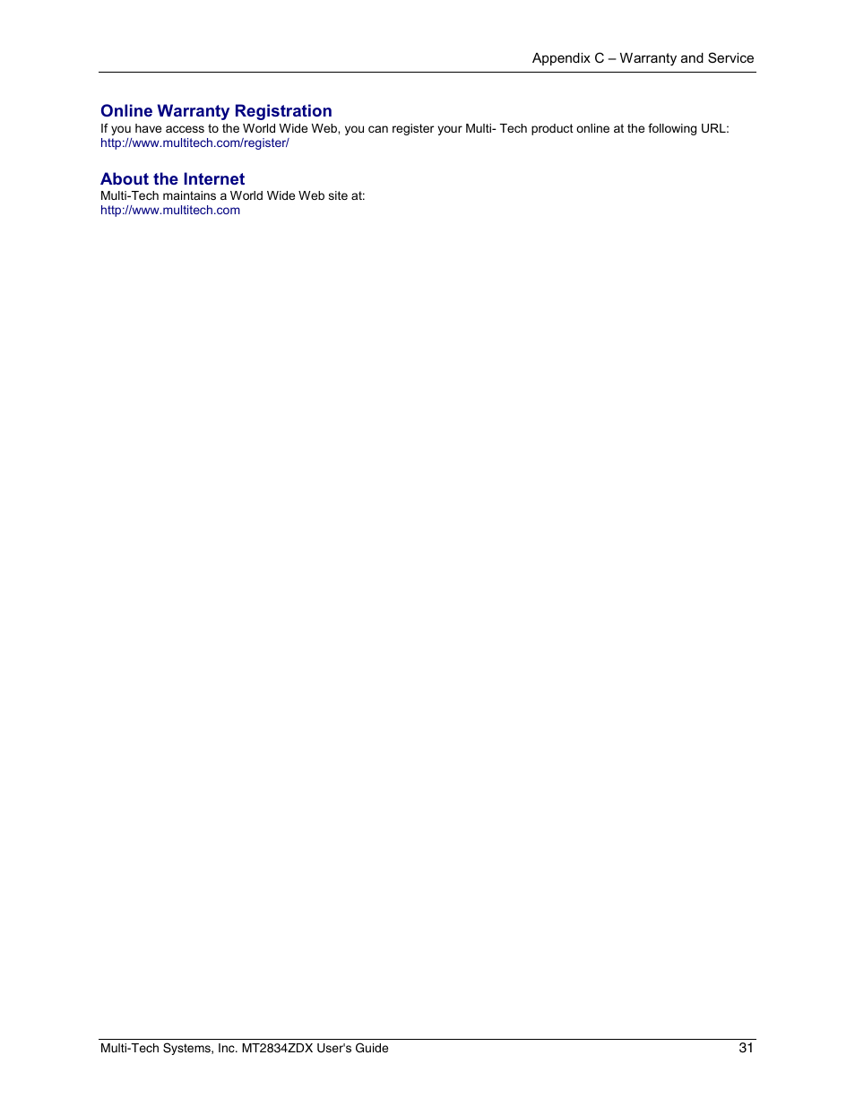 Online warranty registration, About the internet | Multi-Tech Systems MULTIMODEM MT2834ZDX User Manual | Page 31 / 33