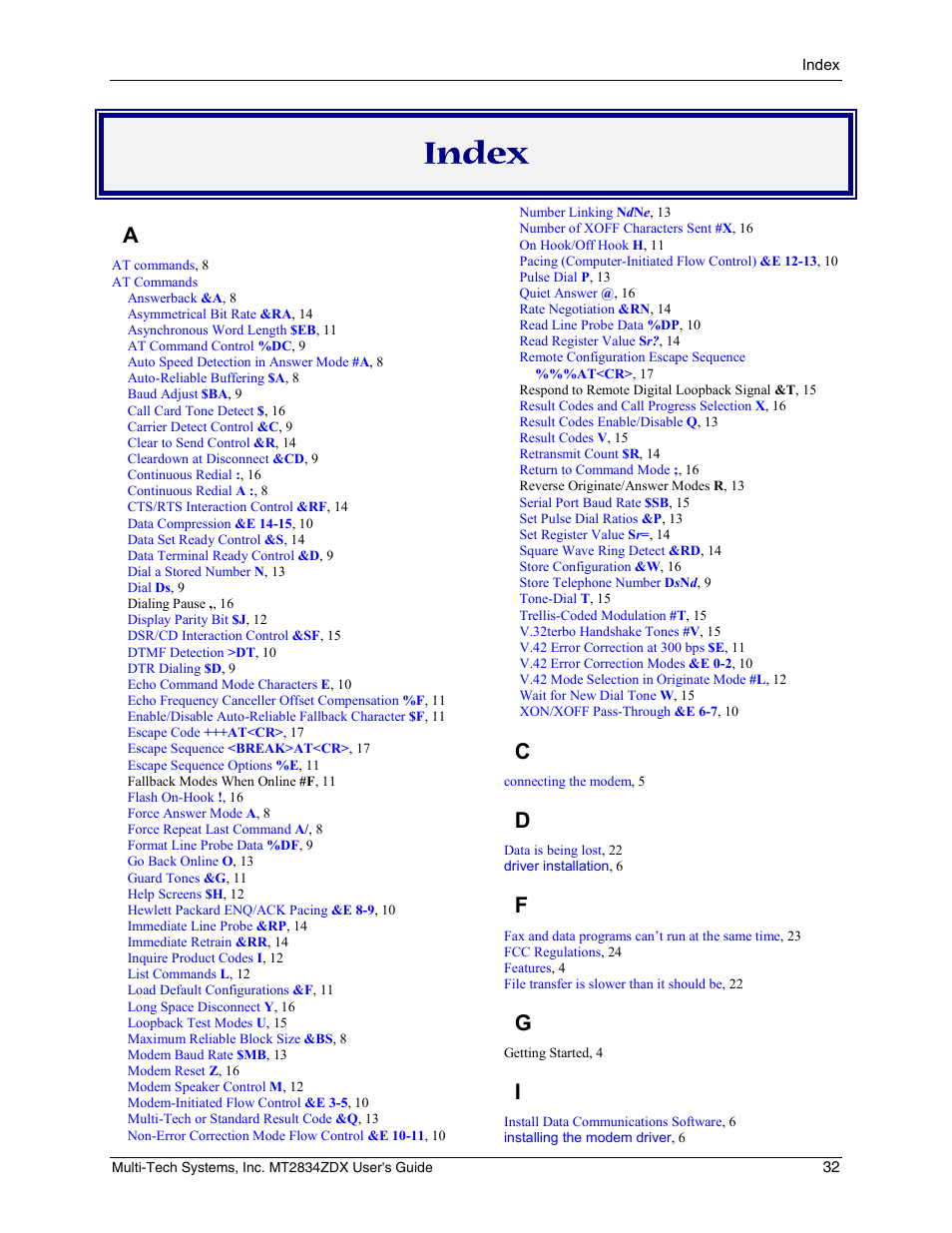 Index | Multi-Tech Systems MULTIMODEM MT2834ZDX User Manual | Page 32 / 33