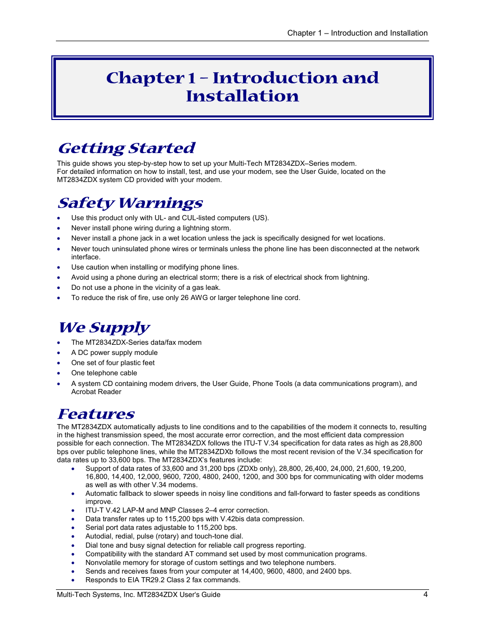 Chapter 1 – introduction and installation, Getting started, Safety warnings | We supply, Features, Getting started safety warnings we supply features | Multi-Tech Systems MULTIMODEM MT2834ZDX User Manual | Page 4 / 33