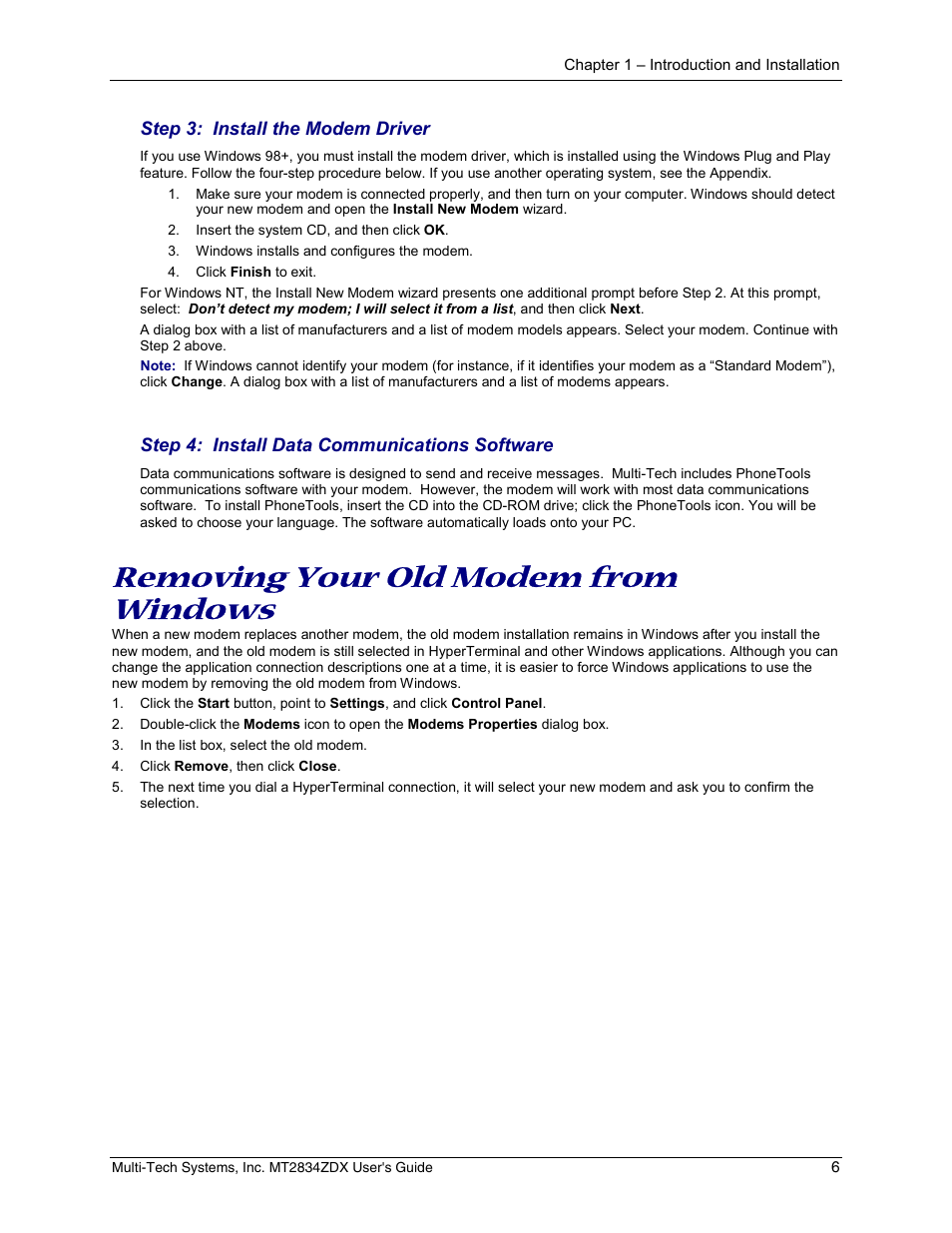 Step 3: install the modem driver, Step 4: install data communications software, Removing your old modem from windows | Multi-Tech Systems MULTIMODEM MT2834ZDX User Manual | Page 6 / 33