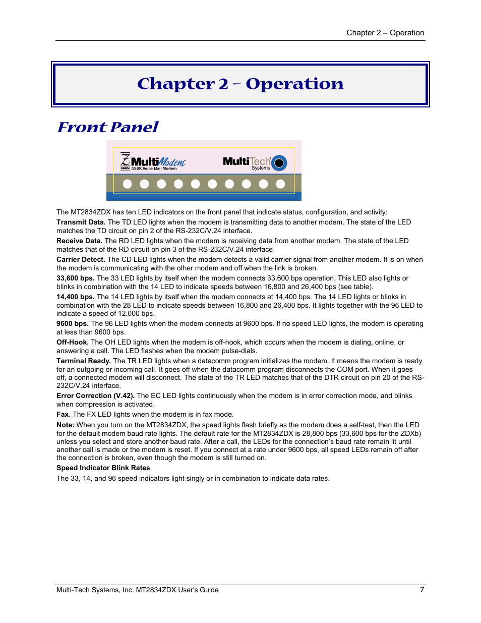 Chapter 2 – operation, Front panel | Multi-Tech Systems MULTIMODEM MT2834ZDX User Manual | Page 7 / 33