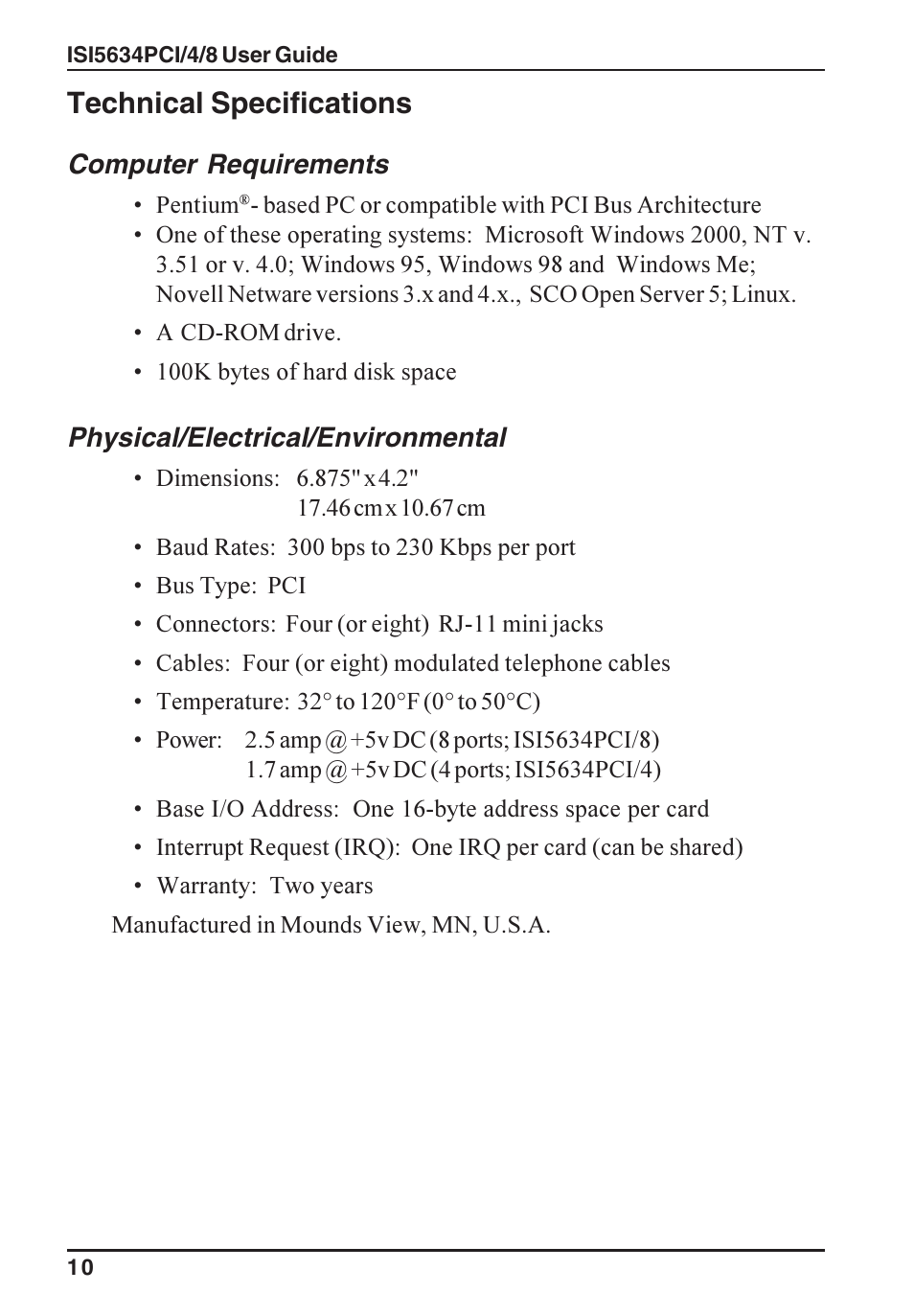 Technical specifications, Computer requirements, Physical/electrical/environmental | Multi-Tech Systems ISI5634PCI/4/8 User Manual | Page 10 / 122