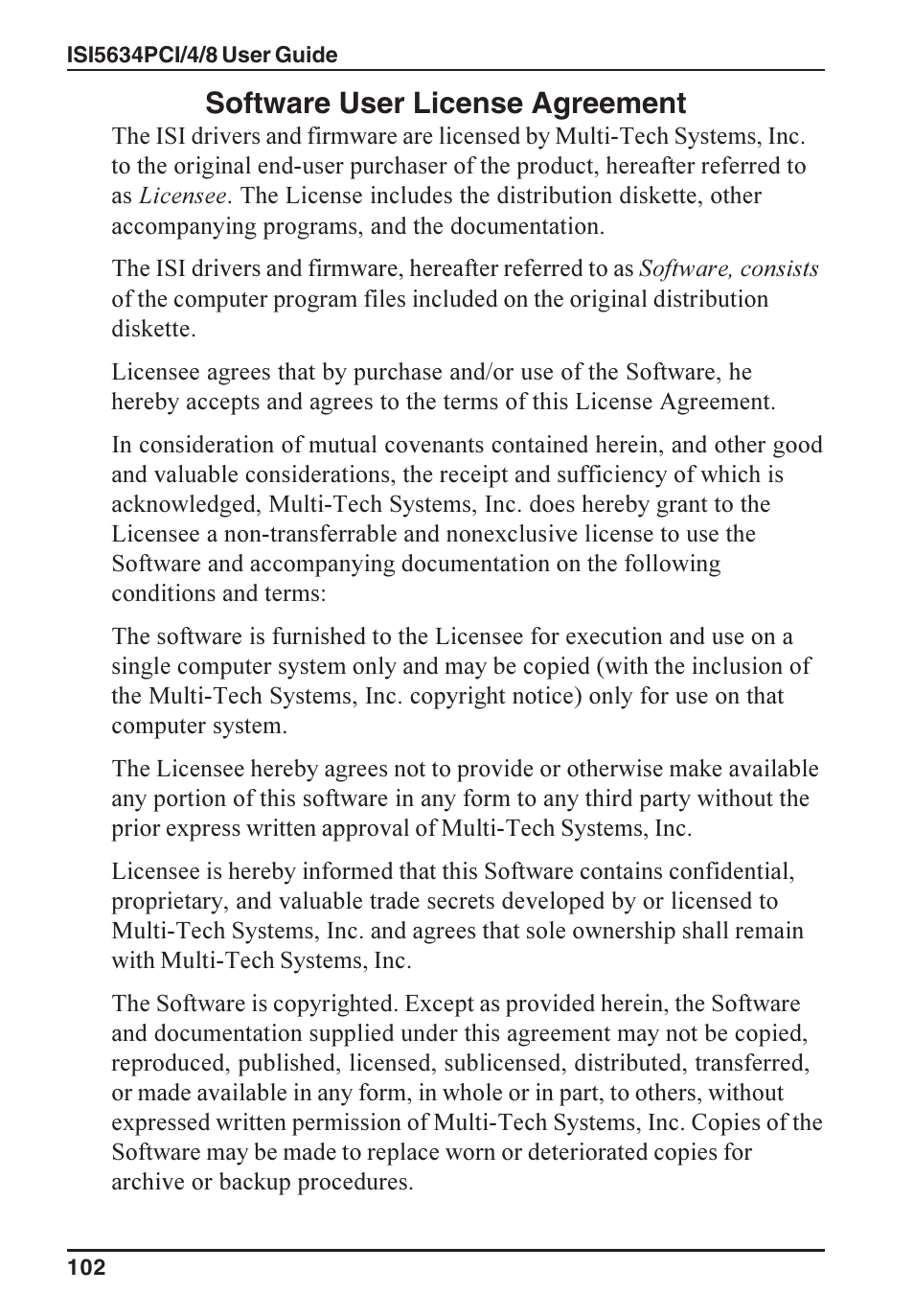 Software user license agreement | Multi-Tech Systems ISI5634PCI/4/8 User Manual | Page 102 / 122