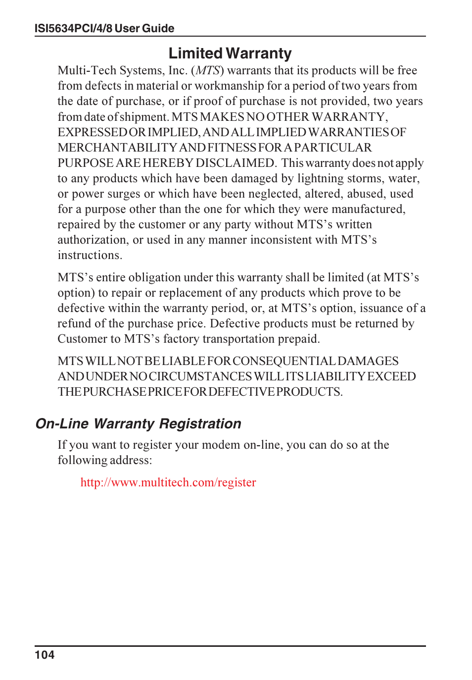 Limited warranty, On-line warranty registration | Multi-Tech Systems ISI5634PCI/4/8 User Manual | Page 104 / 122