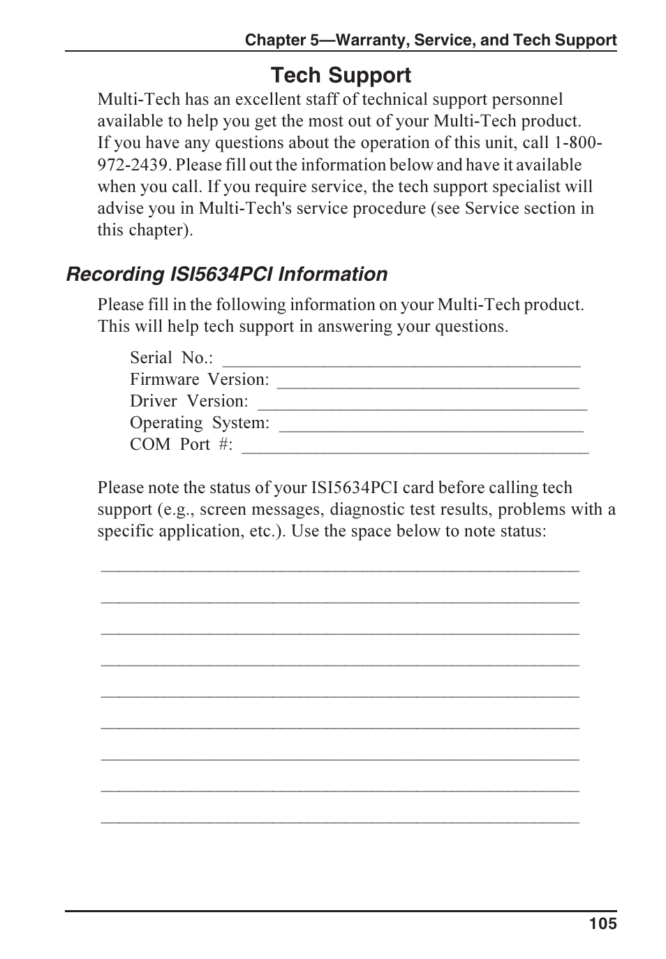 Tech support, Recording isi5634pci information | Multi-Tech Systems ISI5634PCI/4/8 User Manual | Page 105 / 122