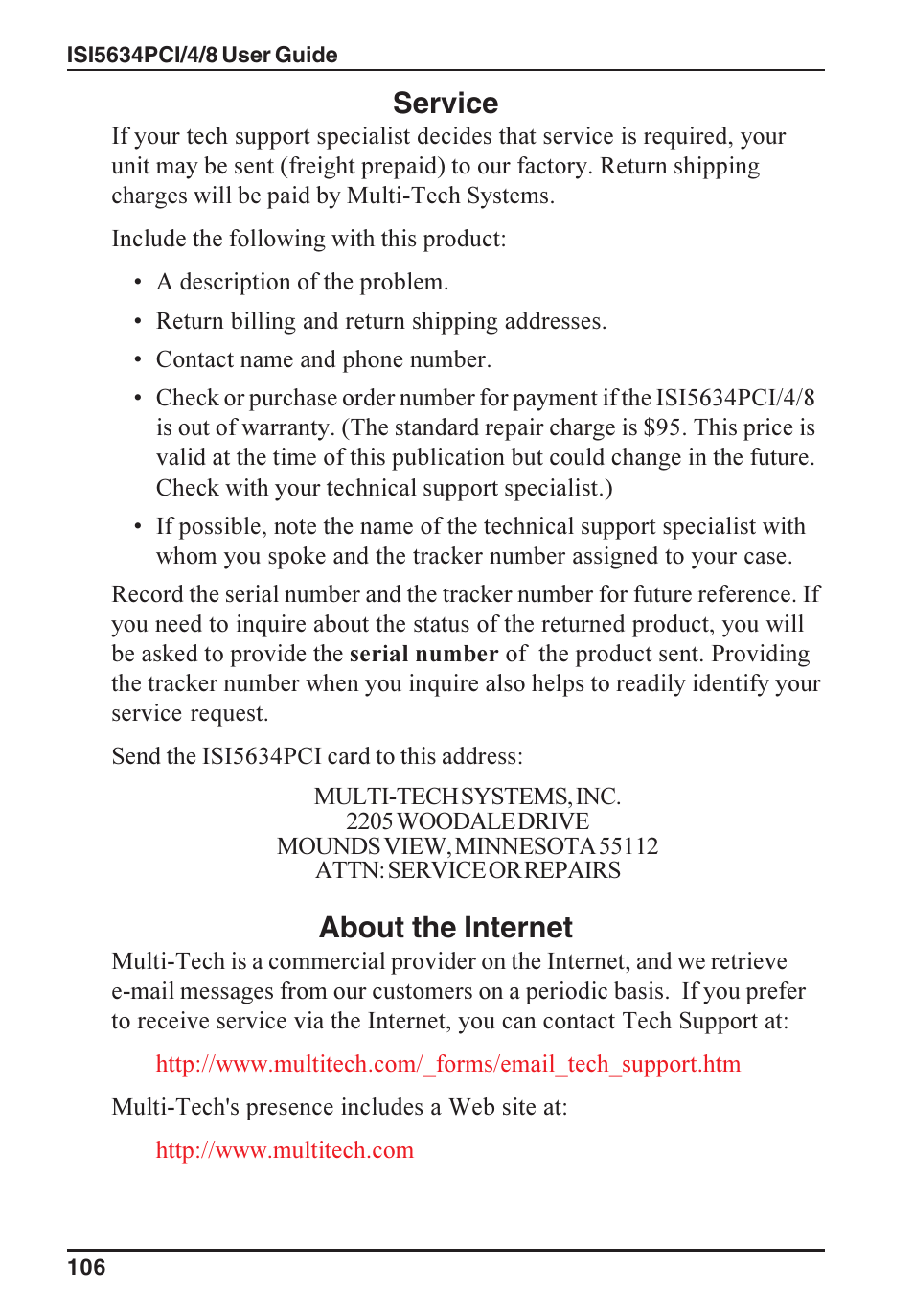 Service, About the internet | Multi-Tech Systems ISI5634PCI/4/8 User Manual | Page 106 / 122