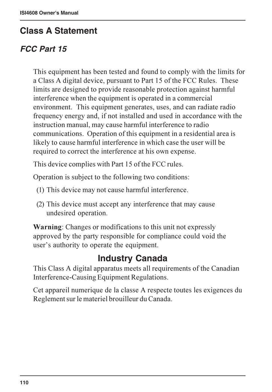 Class a statement, Industry canada, Fcc part 15 | Multi-Tech Systems ISI5634PCI/4/8 User Manual | Page 110 / 122