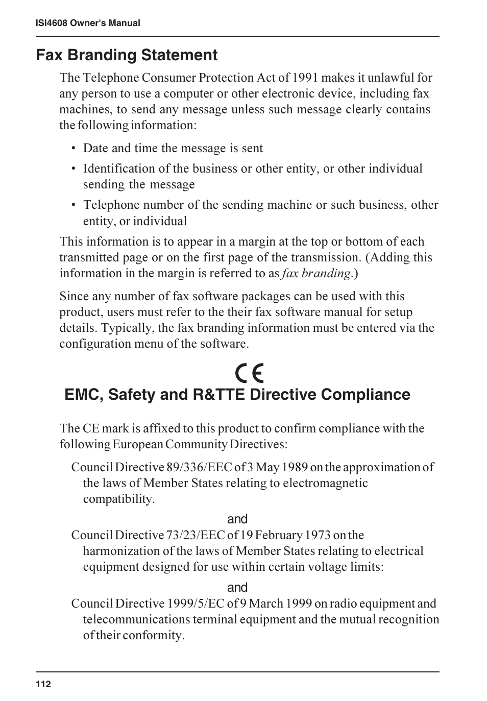Fax branding statement, Emc, safety and r&tte directive compliance | Multi-Tech Systems ISI5634PCI/4/8 User Manual | Page 112 / 122