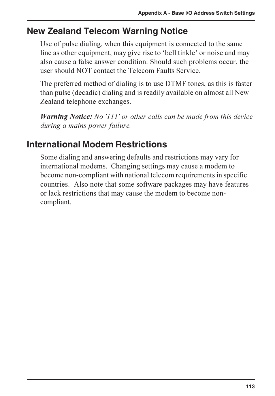 New zealand telecom warning notice, International modem restrictions | Multi-Tech Systems ISI5634PCI/4/8 User Manual | Page 113 / 122