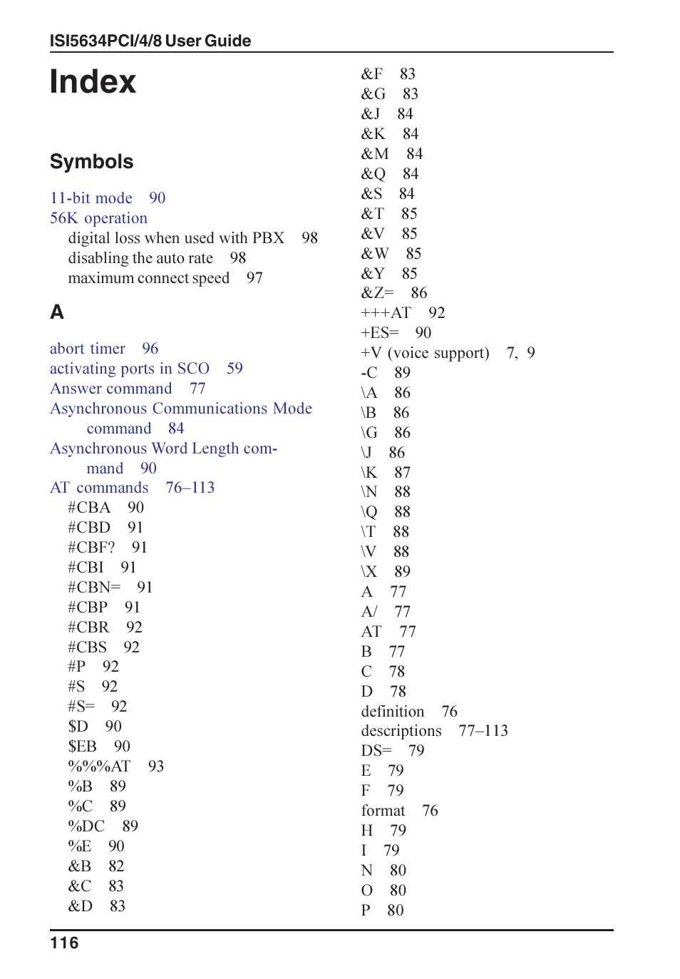 Index, Symbols | Multi-Tech Systems ISI5634PCI/4/8 User Manual | Page 116 / 122