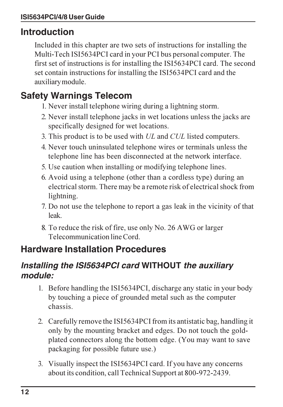 Introduction, Safety warnings telecom, Hardware installation procedures | Multi-Tech Systems ISI5634PCI/4/8 User Manual | Page 12 / 122
