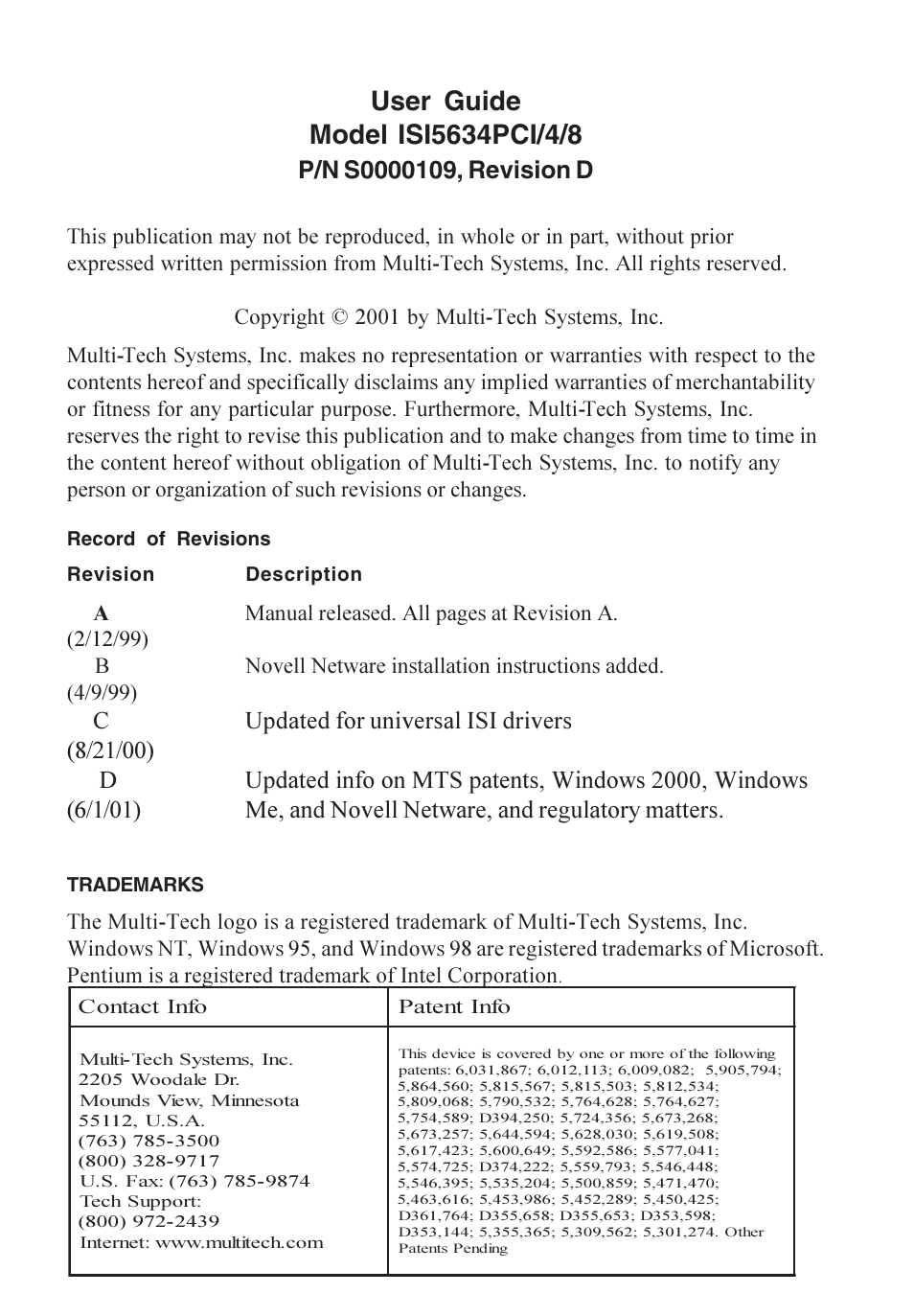 Record of revisions revision description, Trademarks | Multi-Tech Systems ISI5634PCI/4/8 User Manual | Page 2 / 122