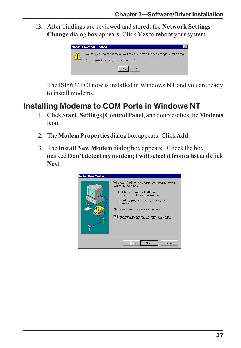 Installing modems to com ports in windows nt | Multi-Tech Systems ISI5634PCI/4/8 User Manual | Page 37 / 122