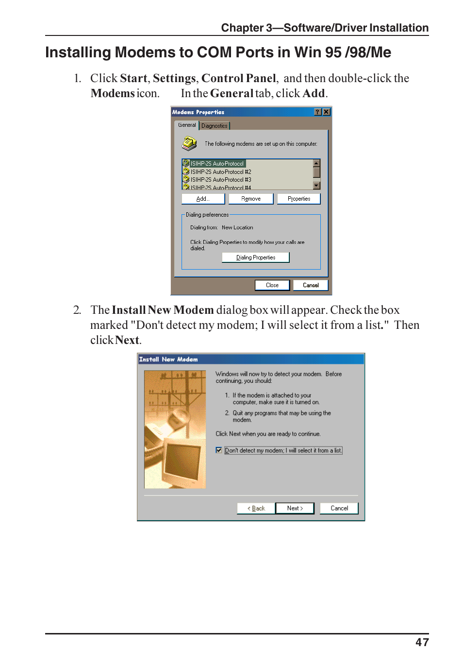 Installing modems to com ports in win 95 /98/me | Multi-Tech Systems ISI5634PCI/4/8 User Manual | Page 47 / 122