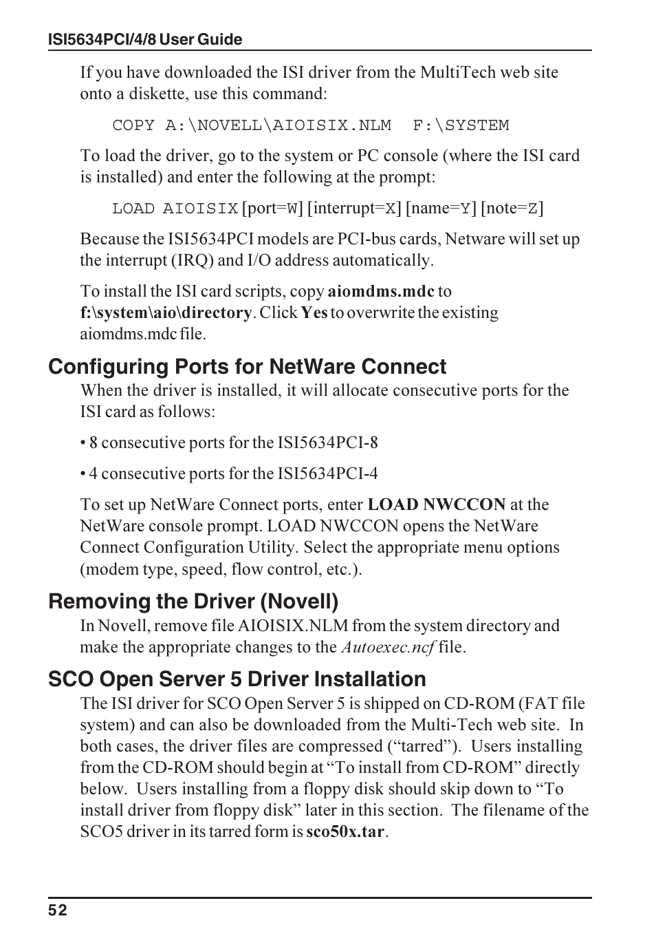 Configuring ports for netware connect, Removing the driver (novell), Sco open server 5 driver installation | Multi-Tech Systems ISI5634PCI/4/8 User Manual | Page 52 / 122