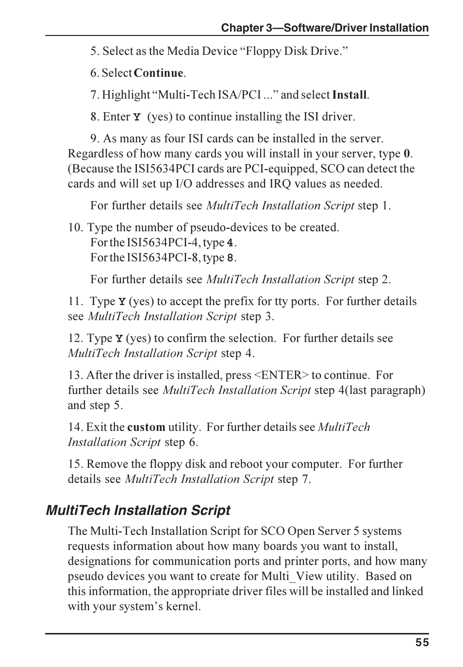 Multitech installation script | Multi-Tech Systems ISI5634PCI/4/8 User Manual | Page 55 / 122