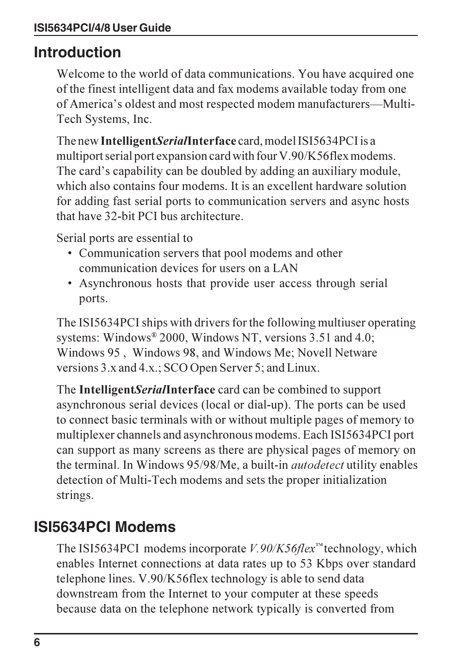 Introduction, Isi5634pci modems | Multi-Tech Systems ISI5634PCI/4/8 User Manual | Page 6 / 122