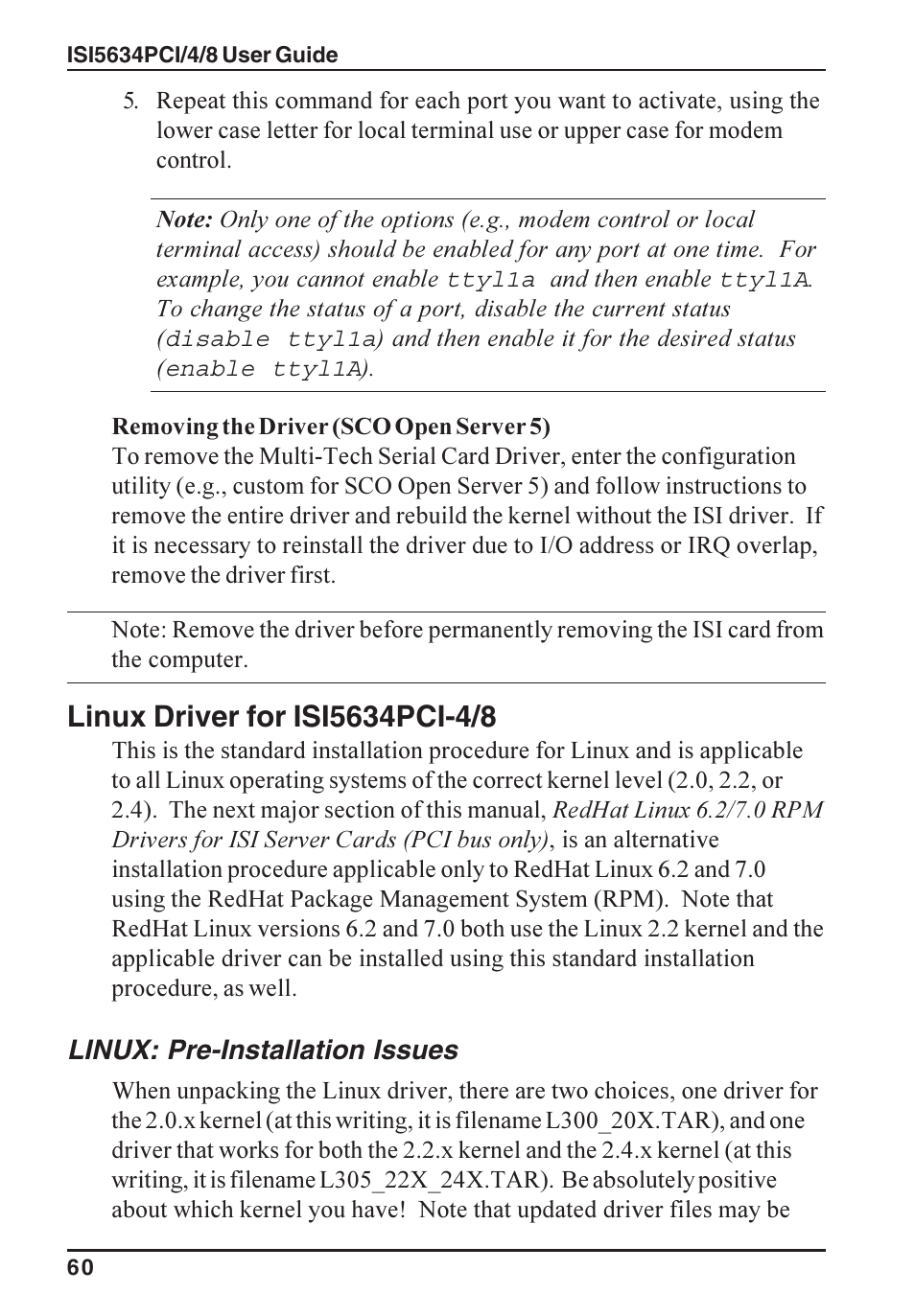 Linux: pre-installation issues | Multi-Tech Systems ISI5634PCI/4/8 User Manual | Page 60 / 122