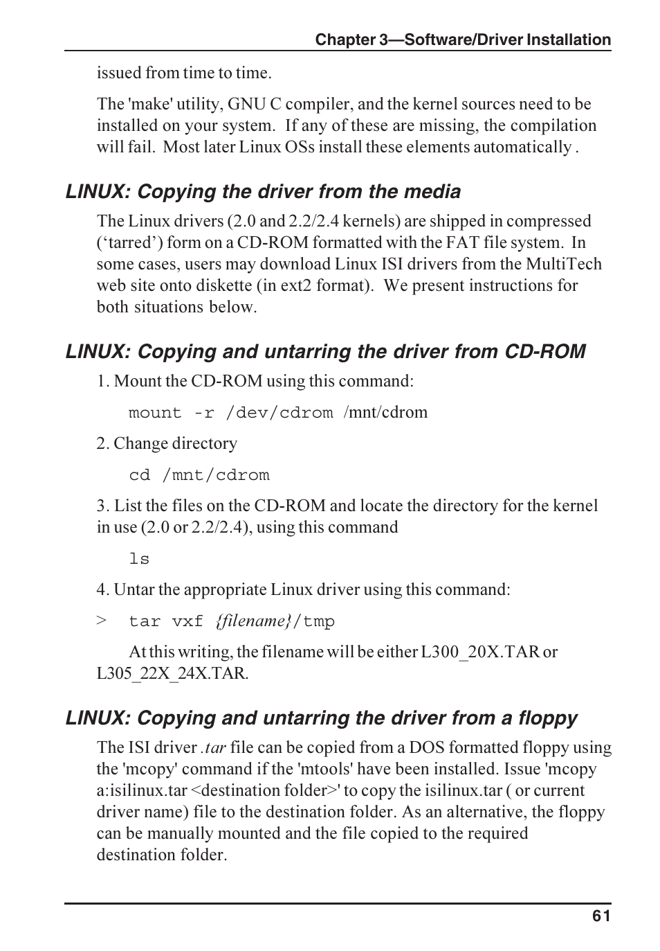 Linux: copying the driver from the media | Multi-Tech Systems ISI5634PCI/4/8 User Manual | Page 61 / 122