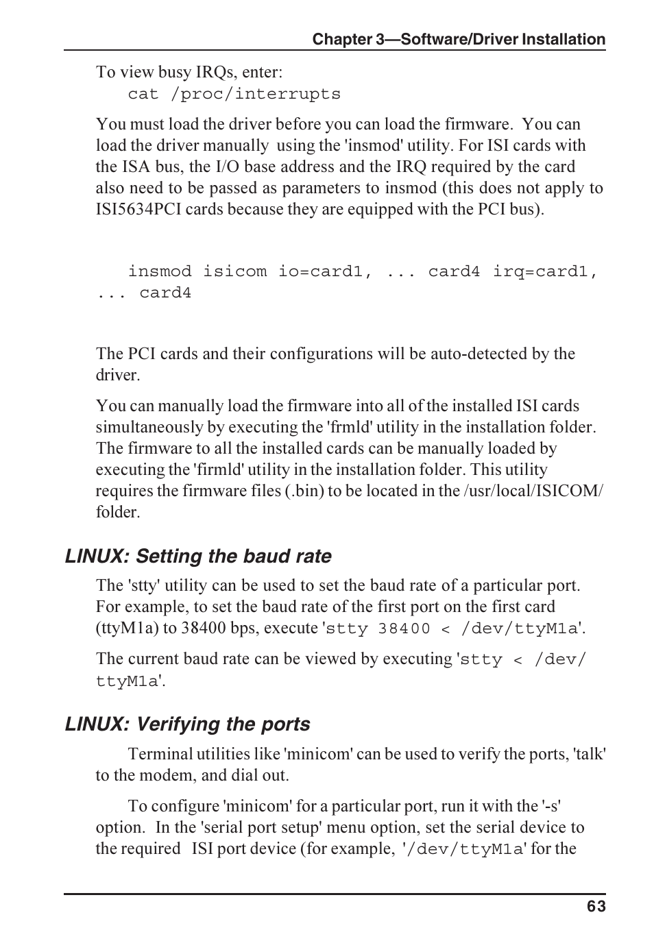 Linux: setting the baud rate, Linux: verifying the ports | Multi-Tech Systems ISI5634PCI/4/8 User Manual | Page 63 / 122