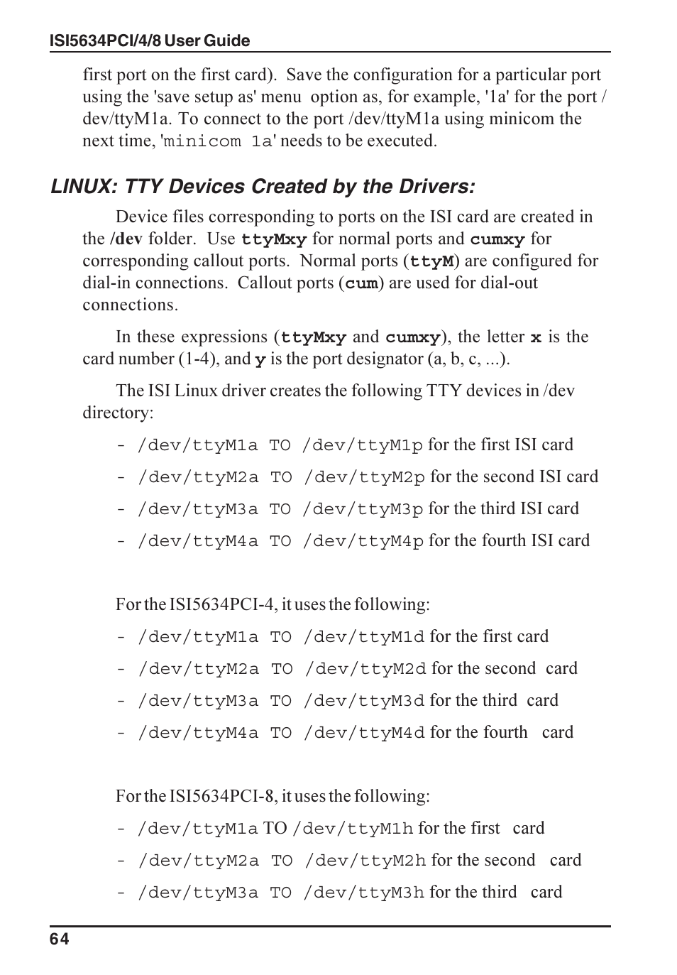 Linux: tty devices created by the drivers | Multi-Tech Systems ISI5634PCI/4/8 User Manual | Page 64 / 122
