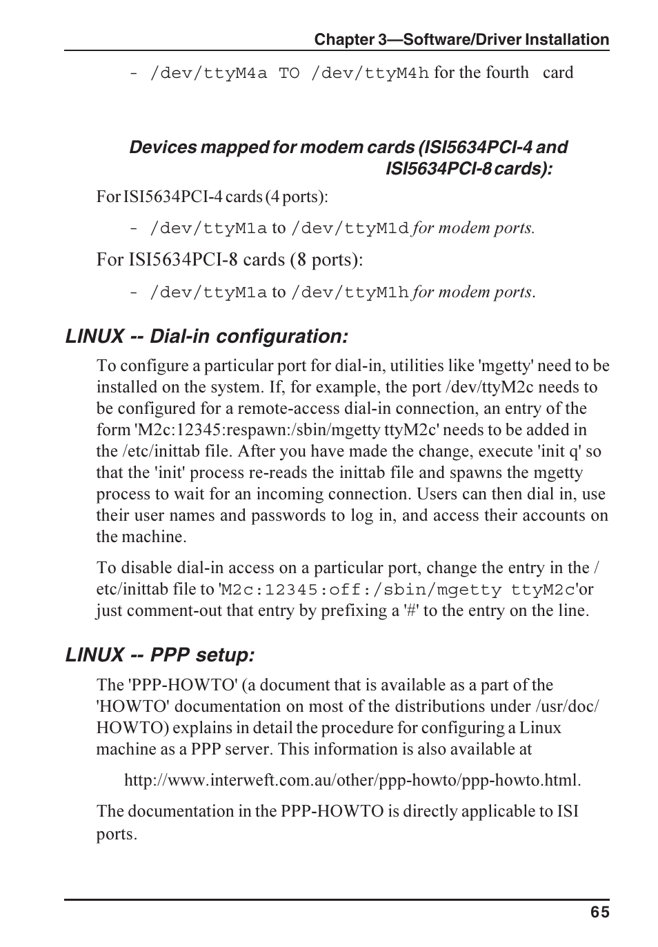 Linux -- dial-in configuration, Linux -- ppp setup | Multi-Tech Systems ISI5634PCI/4/8 User Manual | Page 65 / 122