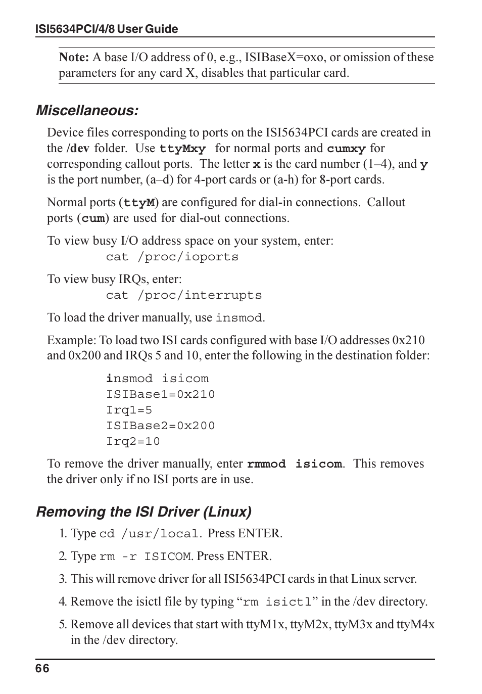 Miscellaneous, Removing the isi driver (linux) | Multi-Tech Systems ISI5634PCI/4/8 User Manual | Page 66 / 122