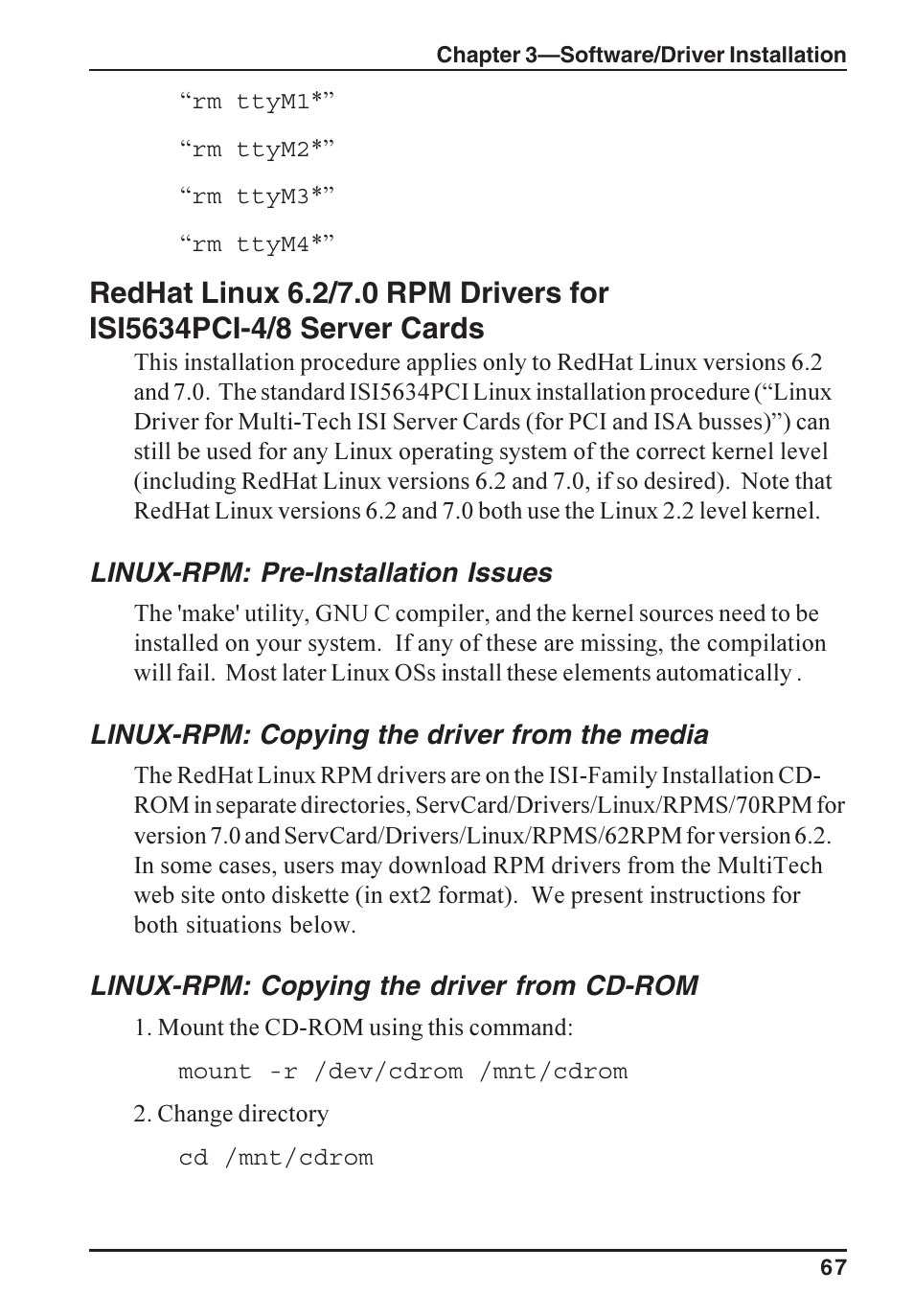 Linux-rpm: pre-installation issues, Linux-rpm: copying the driver from the media, Linux-rpm: copying the driver from cd-rom | Multi-Tech Systems ISI5634PCI/4/8 User Manual | Page 67 / 122