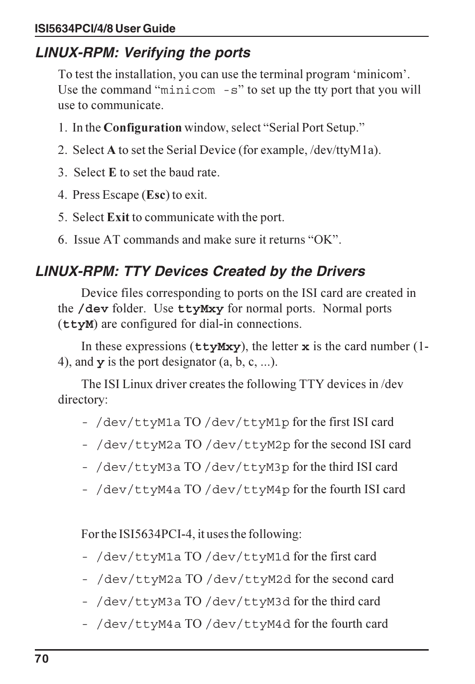 Linux-rpm: verifying the ports, Linux-rpm: tty devices created by the drivers | Multi-Tech Systems ISI5634PCI/4/8 User Manual | Page 70 / 122