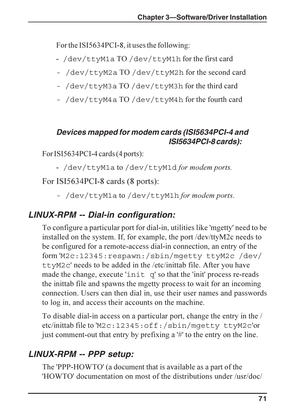 Linux-rpm -- dial-in configuration, Linux-rpm -- ppp setup | Multi-Tech Systems ISI5634PCI/4/8 User Manual | Page 71 / 122