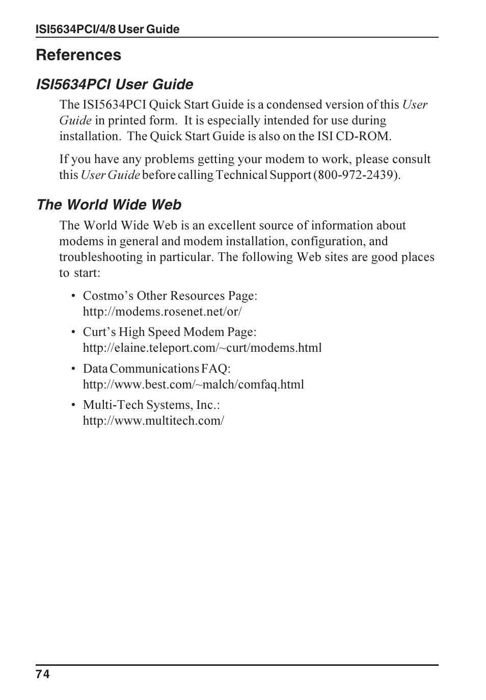 References, Isi5634pci user guide, The world wide web | Multi-Tech Systems ISI5634PCI/4/8 User Manual | Page 74 / 122