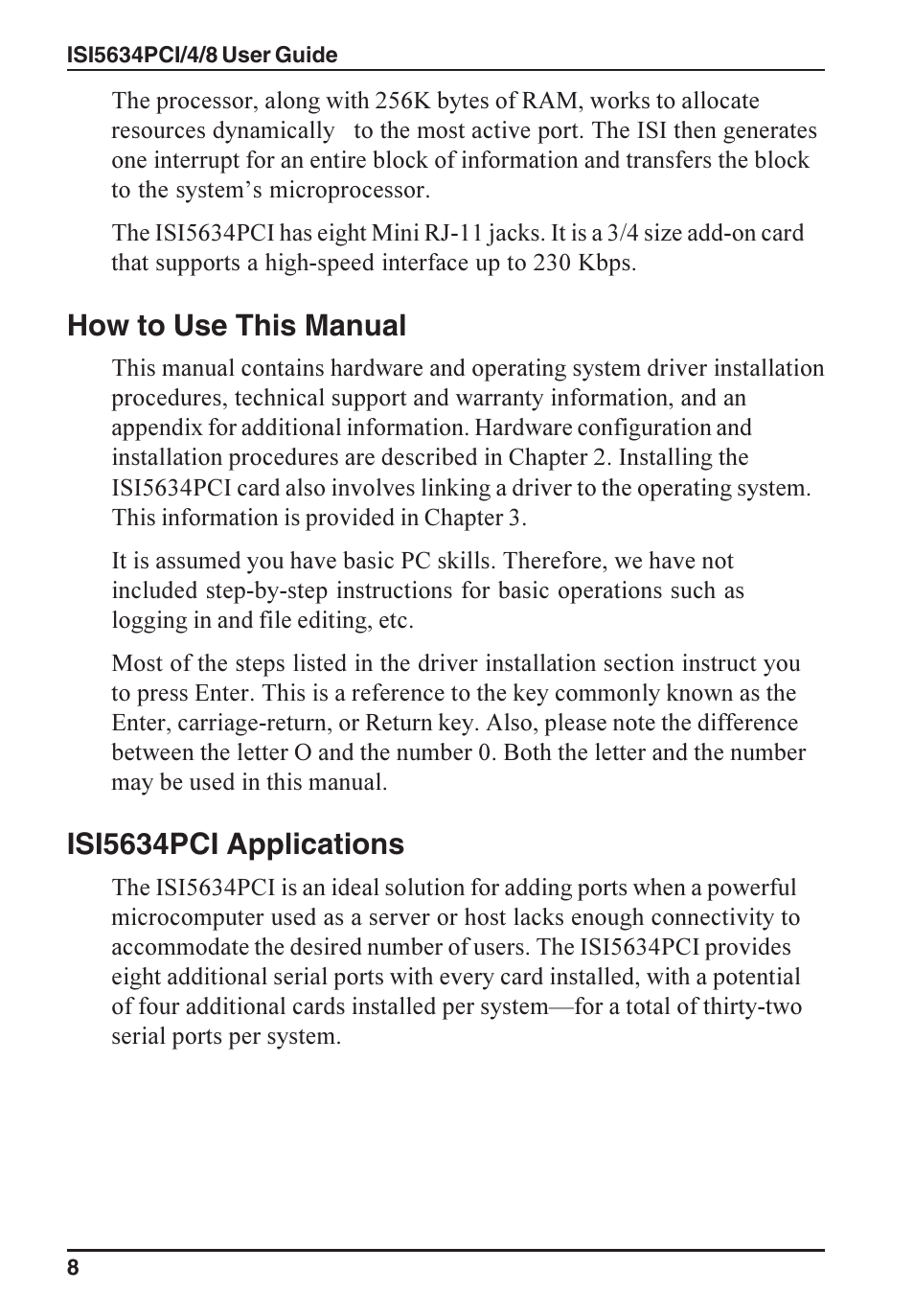 How to use this manual, Isi5634pci applications | Multi-Tech Systems ISI5634PCI/4/8 User Manual | Page 8 / 122