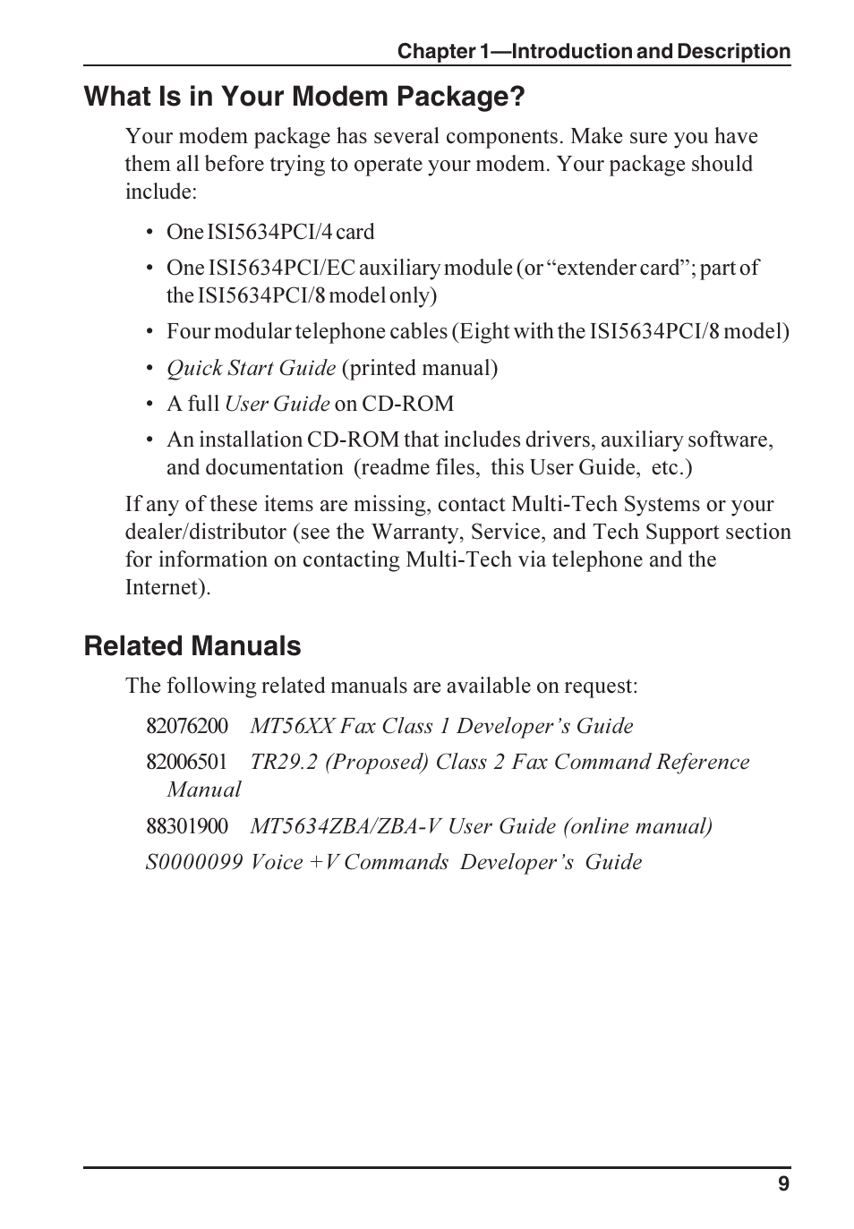 What is in your modem package, Related manuals | Multi-Tech Systems ISI5634PCI/4/8 User Manual | Page 9 / 122