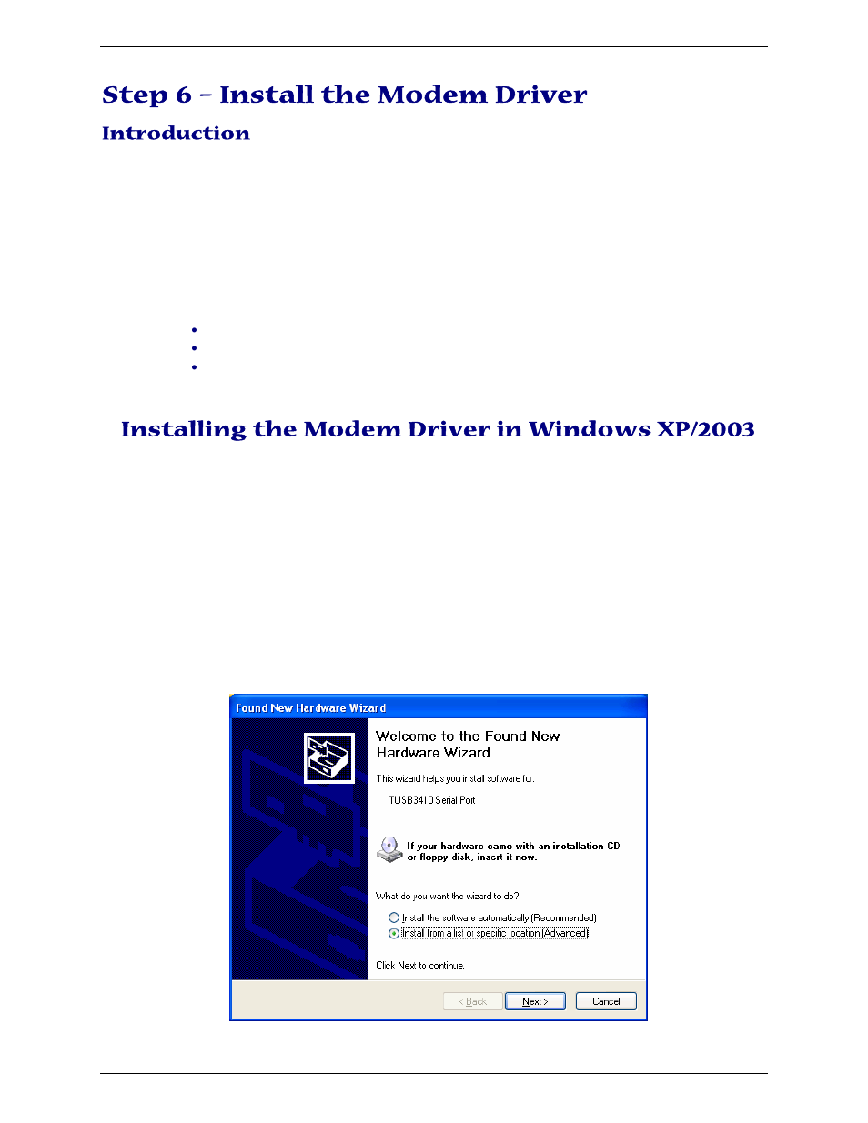 Step 6 – install the modem driver, Installing the modem driver in windows xp/2003, Introduction | Multi-Tech Systems MTCBA-G-U-F4 User Manual | Page 12 / 32