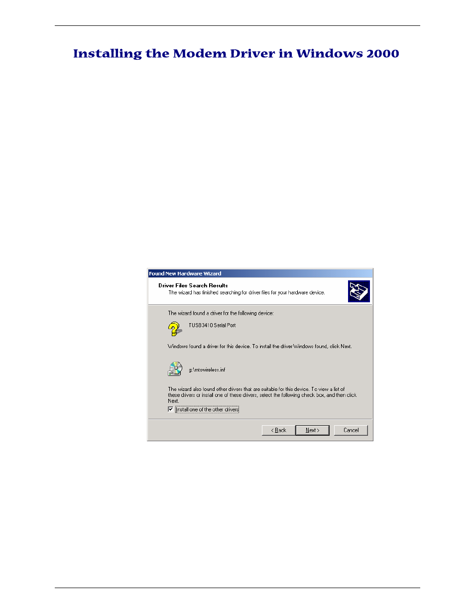 Installing the modem driver in windows 2000 | Multi-Tech Systems MTCBA-G-U-F4 User Manual | Page 16 / 32