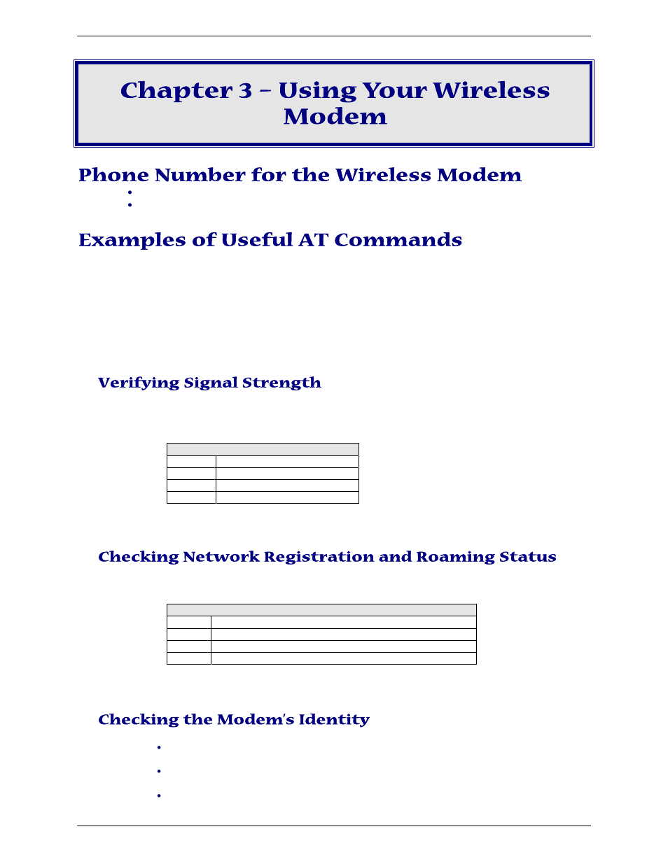 Chapter 3 – using your wireless modem, Phone number for the wireless modem, Examples of useful at commands | Verifying signal strength, Checking network registration and roaming status, Checking the modem’s identity | Multi-Tech Systems MTCBA-G-U-F4 User Manual | Page 19 / 32
