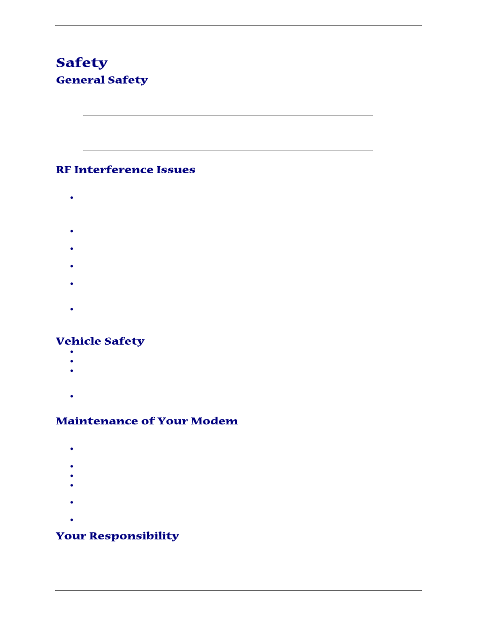 Safety, General safety, Rf interference issues | Vehicle safety, Maintenance of your modem, Your responsibility | Multi-Tech Systems MTCBA-G-U-F4 User Manual | Page 5 / 32